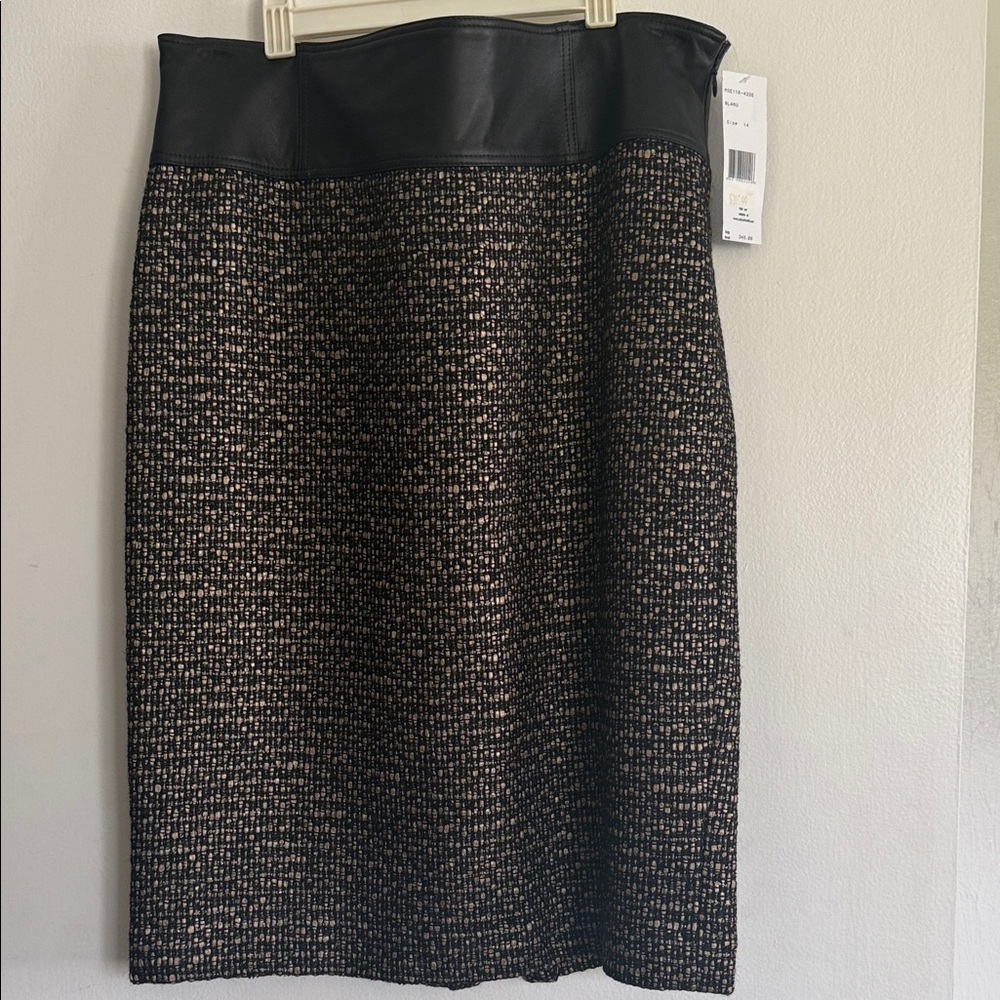 Lafayette 148 New York Black Tweed Pencil Skirt with Faux Leather Waist